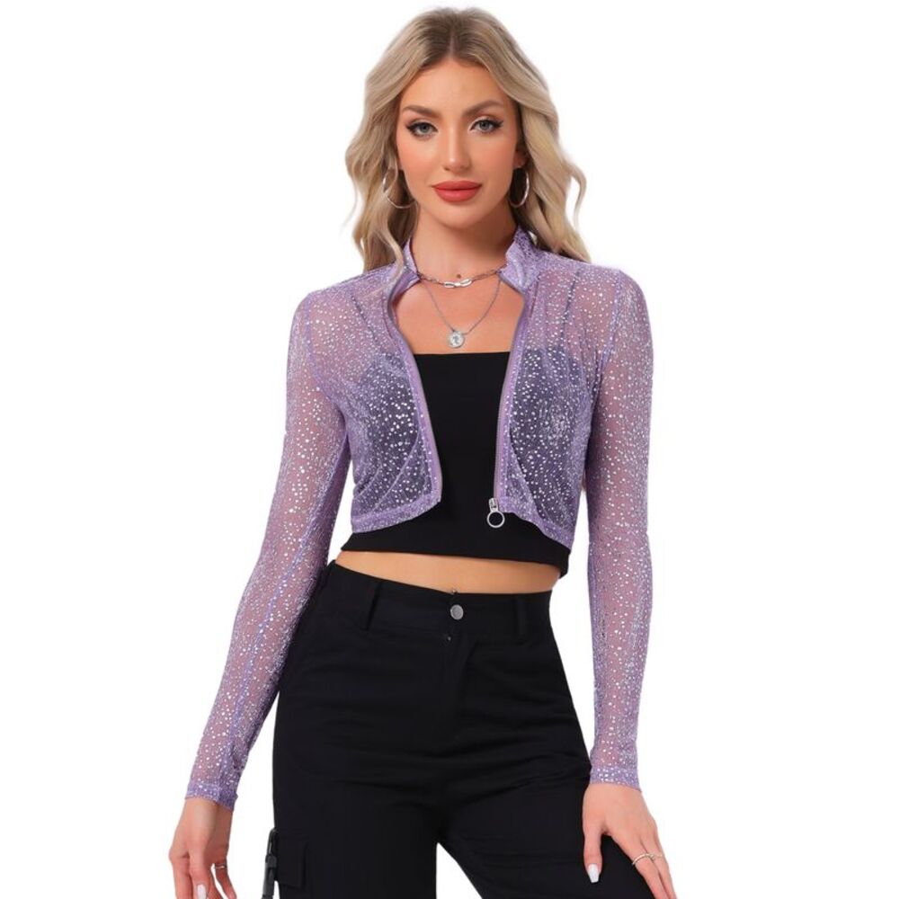 Sheer Top Glitter Stand Collar Zip Up Cropped Jacket Purple